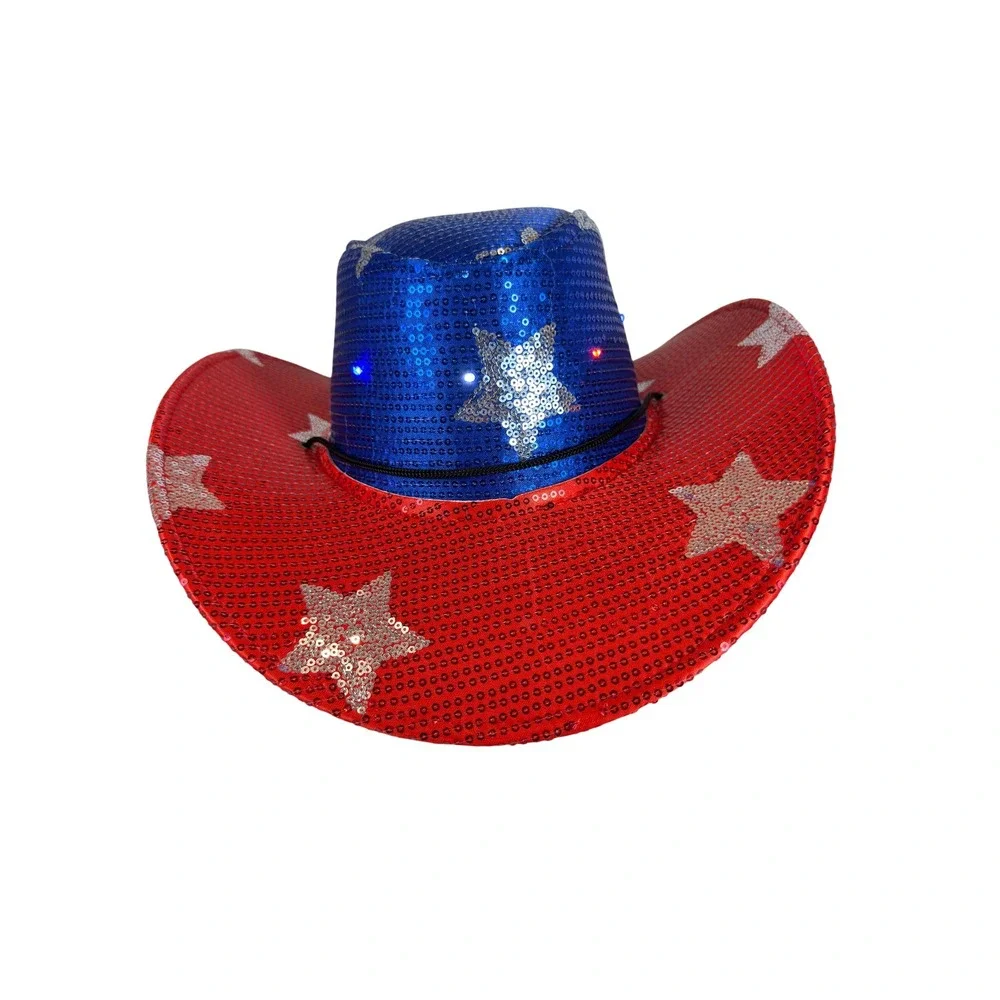 Patriotic LED Light Up Sequin Cowboy Hat Red White Blue Stars 4th of July Party